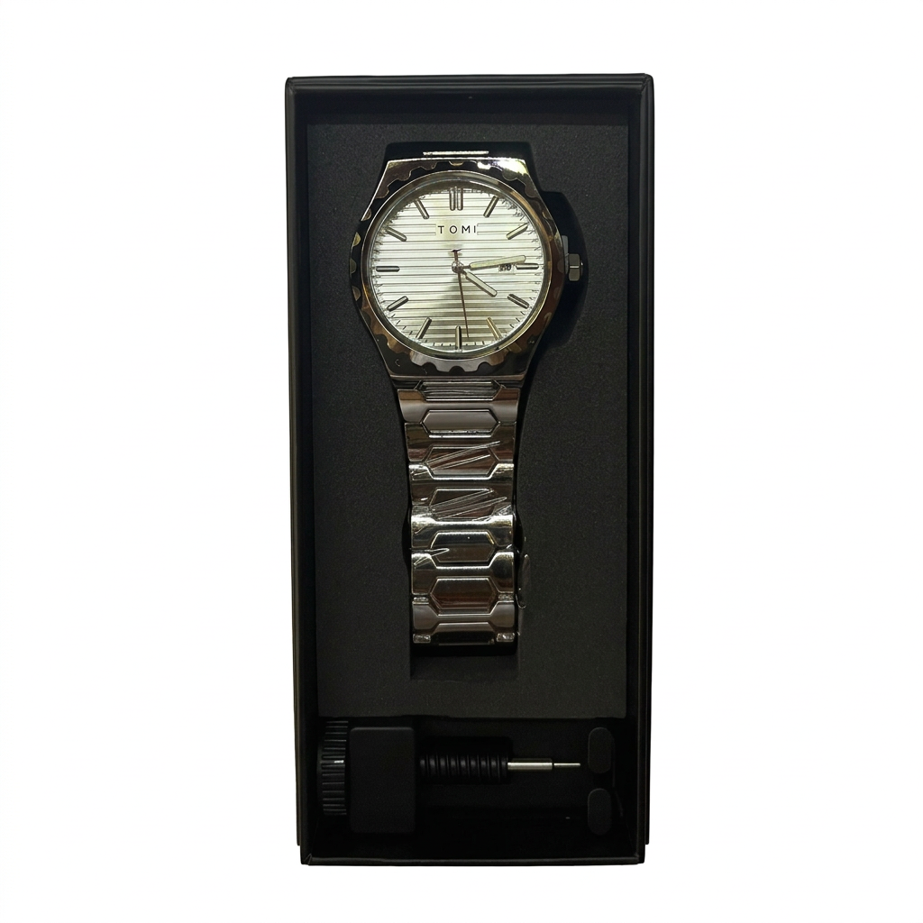 Boxed watch on white background