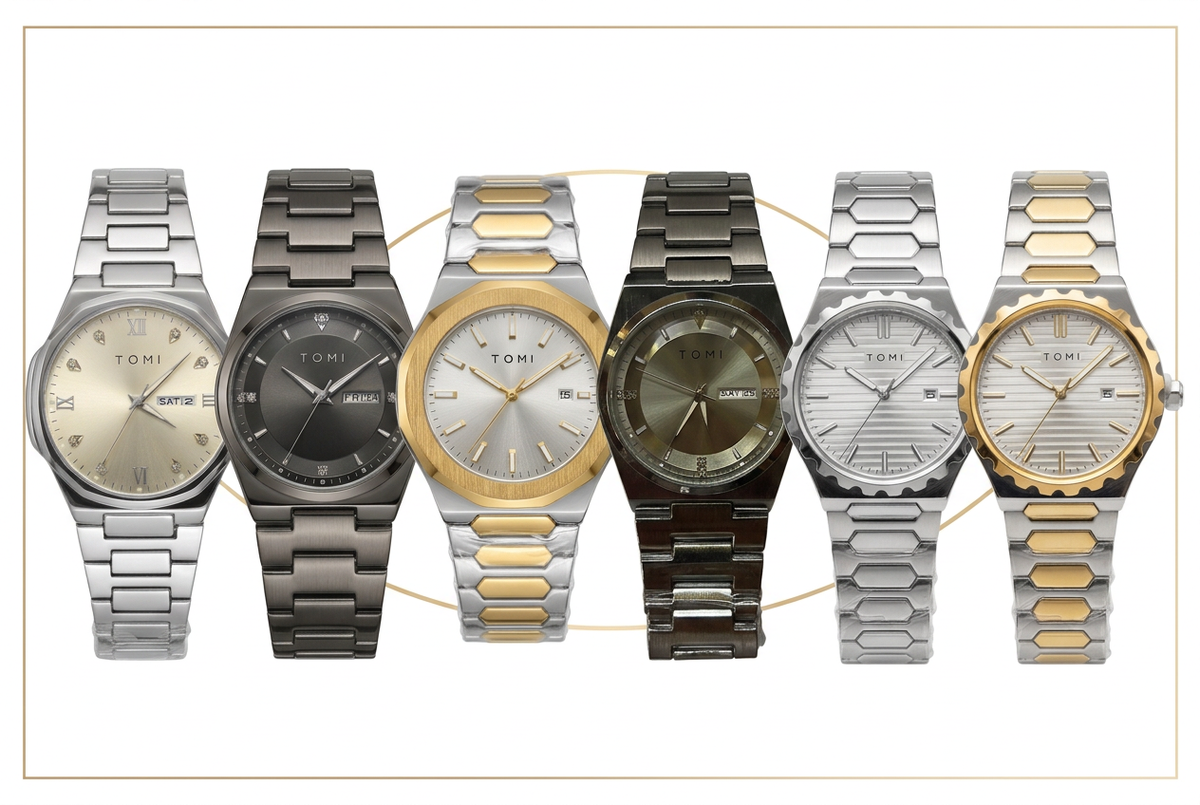 Six watches in a row on a white and gold background